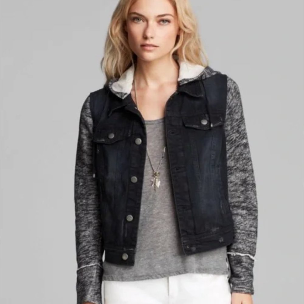 Free People Black Blue Distressed Hooded Denim Jacket XS